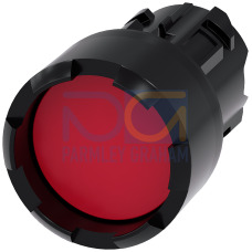 Pushbutton, 22 mm, round, plastic, red, Front ring, raised, castellated momentary contact type, with laser labeling, upper case