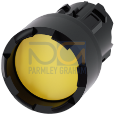 Pushbutton, 22 mm, round, plastic, yellow, Front ring, raised, castellated momentary contact type, with laser labeling, Fast