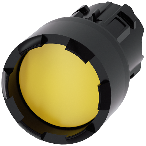Pushbutton, 22 mm, round, plastic, yellow, Front ring, raised, castellated momentary contact type, with laser labeling, Fast
