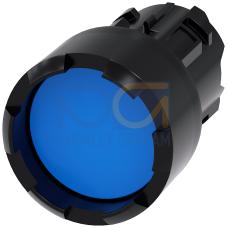 Pushbutton, 22 mm, round, plastic, blue, Front ring, raised, castellated momentary contact type