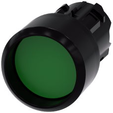 Pushbutton, 22 mm, round, plastic, green, Front ring, raised momentary contact type