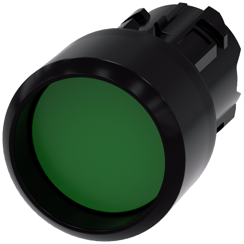Pushbutton, 22 mm, round, plastic, green, Front ring, raised momentary contact type, with laser labeling, upper case