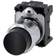 Pushbutton, compact, with extended stroke (12 mm), 22 mm, round, metal, black, pushbutton, raised, momentary contact type, with holder