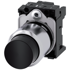 Pushbutton, compact, with extended stroke (12 mm), 22 mm, round, metal, black, pushbutton, raised, momentary contact type, with holder