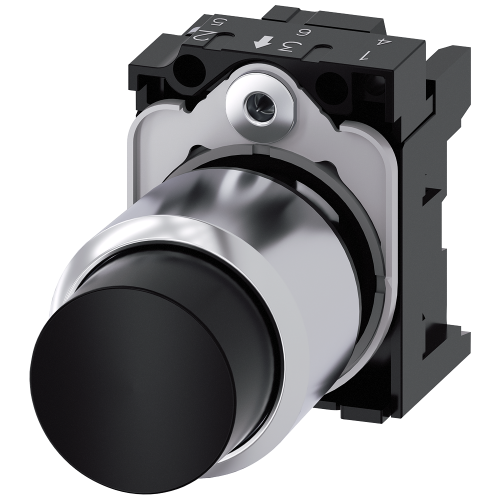 Pushbutton, compact, with extended stroke (12 mm), 22 mm, round, metal, black, pushbutton, raised, momentary contact type, with holder