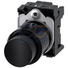 Pushbutton, compact, with extended stroke (12 mm), 22 mm, round, plastic, black, pushbutton, raised, momentary contact type, with holder