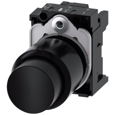 Pushbutton, compact, with extended stroke (12 mm), 22 mm, round, plastic, black, pushbutton, raised, momentary contact type, with holder