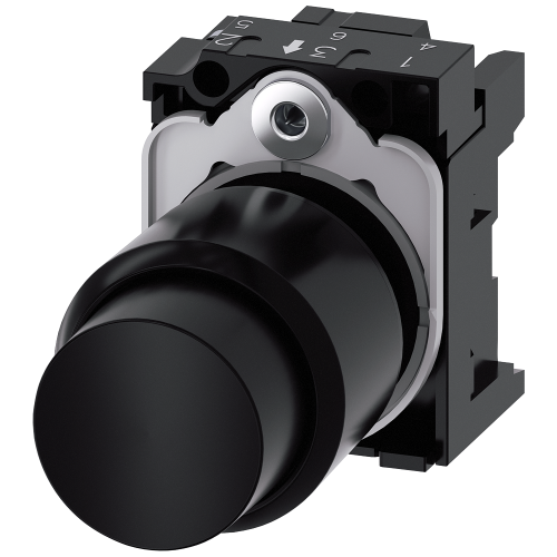 Pushbutton, compact, with extended stroke (12 mm), 22 mm, round, plastic, black, pushbutton, raised, momentary contact type, with holder
