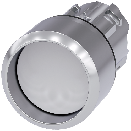Pushbutton, 22 mm, round, metal, shiny, white, Front ring, high, momentary contact type, with laser labeling, lower case
