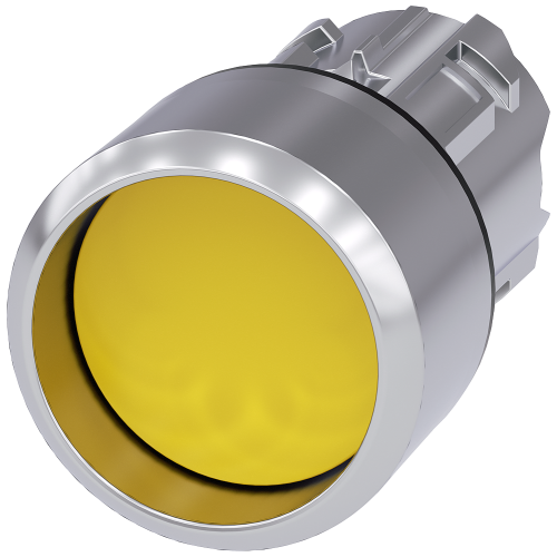 Pushbutton, 22 mm, round, metal, shiny, yellow, Front ring, high, momentary contact type, with laser labeling, upper case