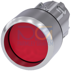 Pushbutton, 22 mm, round, metal, shiny, red, Front ring, high, momentary contact type, with laser labeling, upper case and lower case, always upper...