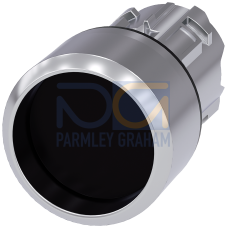 Pushbutton, 22 mm, round, metal, shiny, black, Front ring, raised momentary contact type, with laser labeling, lower case