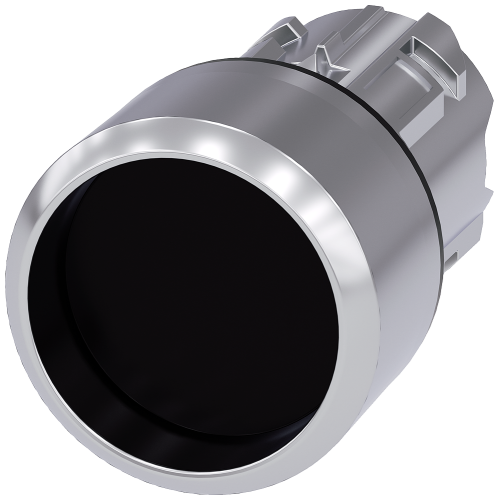 Pushbutton, 22 mm, round, metal, shiny, black, Front ring, raised momentary contact type, with laser labeling, lower case