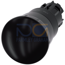 Mushroom pushbutton, 22 mm, round, plastic, black, 40 mm, positive latching, acc. to EN ISO 13850, rotate-to-unlatch, with laser labeling, upper case