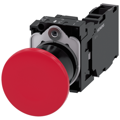 Mushroom pushbutton, 22 mm, round, plastic, red, 40 mm, latching, pull-to-unlatch mechanism, with holder, 1 NO+1 NC, screw terminal