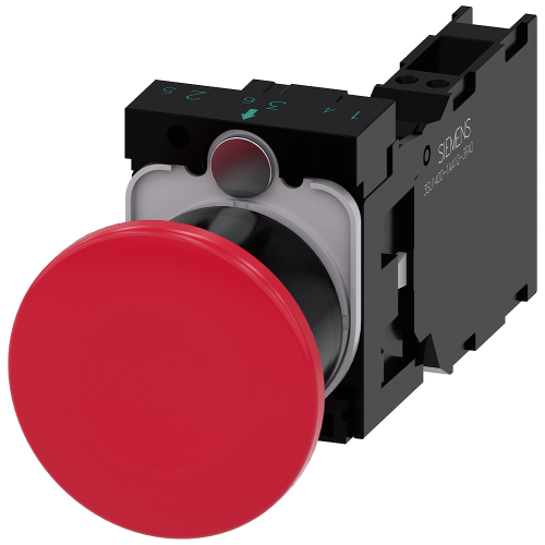 Mushroom pushbutton, 22 mm, round, plastic, red, 40 mm, latching, pull-to-unlatch mechanism, with holder, 1 NO+1 NC, Spring-type terminal
