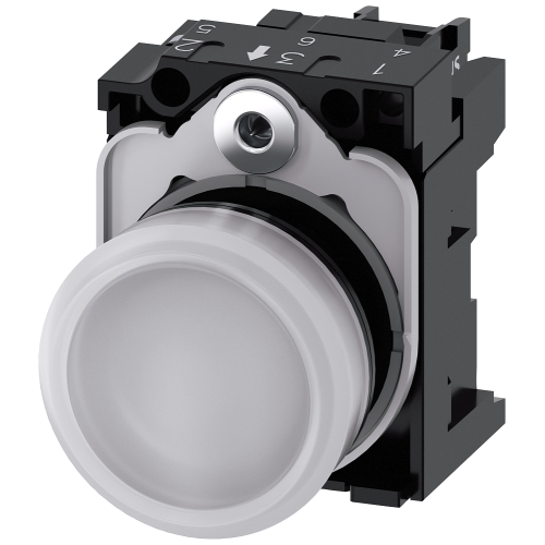 Indicator lights, 22 mm, round, plastic, white, lens, smooth, with holder, LED module, with integrated LED 230 V AC, screw terminal, with laser lab...