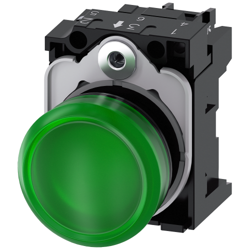 Indicator light, 22 mm, round, plastic, green, lens, smooth, with holder, LED module, with integrated LED 230 V AC, screw terminal, with laser labe...