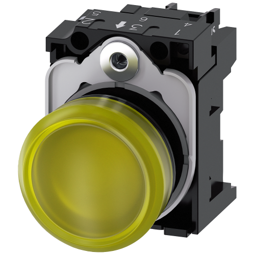 Indicator lights, 22 mm, round, plastic, yellow, lens, smooth, with holder, LED module, with integrated LED 230 V AC, screw terminal, with laser la...