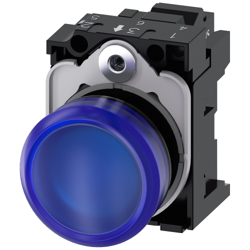 Indicator lights, 22 mm, round, plastic, blue, lens, smooth, with holder, LED module, with integrated LED 230 V AC, Spring-type terminal