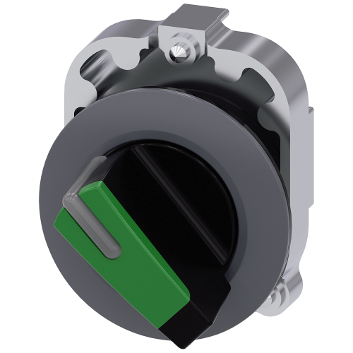 Selector switch, illuminable, 30 mm, round, Metal, matte, green, selector switch, short, front ring for flush installation, 2 switch positions O