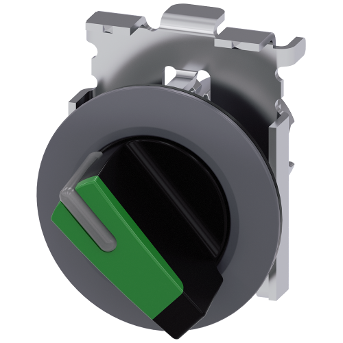 Selector switch, illuminable, 30 mm, round, metal, matte, green, selector switch, short, front ring
