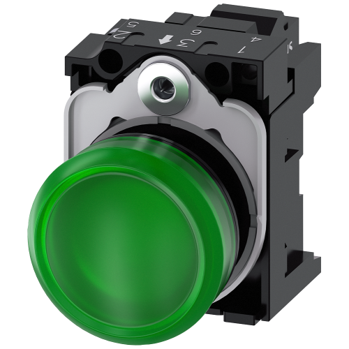 Indicator lights, 22 mm, round, plastic, green, lens, smooth, with holder, LED module, with integrated LED 110 V AC, Spring-type terminal