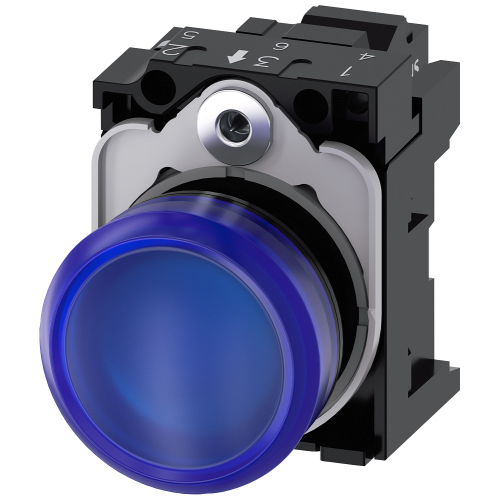 Indicator lights, 22 mm, round, plastic, blue, lens, smooth, with holder, LED module, with integrated LED 24 V AC/DC, Spring-type terminal