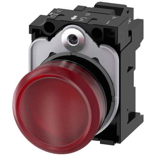 Indicator lights, 22 mm, round, plastic, red, lens, smooth, with holder, LED module, with integrated LED 24 V AC/DC, spring-type terminal, with las...