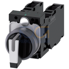 Selector switch, illuminable, 22 mm, round, plastic with metal front ring, white, selector switch, short, 3 switch positions I-O-II, latching, actuating angle 2x45&deg;, 10:30h/12h/13:30h, with holder, 1