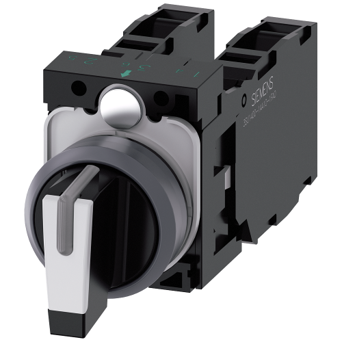 Selector switch, illuminable, 22 mm, round, plastic with metal front ring, white, selector switch, short, 3 switch positions I-O-II, latching, actuating angle 2x45&deg;, 10:30h/12h/13:30h, with holder, 1