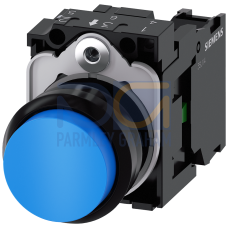 Pushbutton, 22 mm, round, plastic, blue, pushbutton, raised, momentary contact type, with holder 1 NO, screw terminal