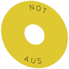 Washer for EMERGENCY STOP, yellow, with inscription: NOT-AUS, outer diameter 75 mm, Inside diameter 22.5 mm, Thickness 2 mm