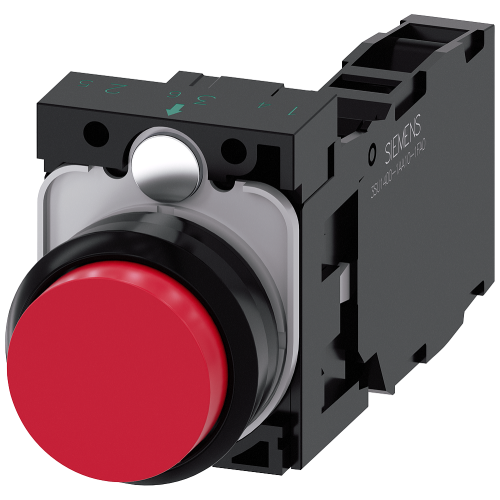 Pushbutton, 22 mm, round, plastic, red, pushbutton, raised, momentary contact type, with holder 1 NO+1 NC, screw terminal, with laser labeling, low...