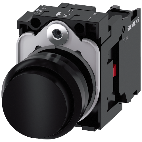 Pushbutton, 22 mm, round, plastic, black, pushbutton, raised, momentary contact type, with holder 1 NC, screw terminal