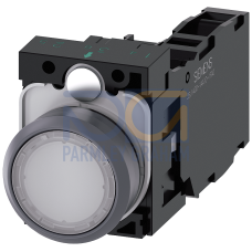 Illuminated pushbutton, 22 mm, round, plastic with metal front ring, white, pushbutton, flat, momentary contact type, with holder, 1 NO+1 NC, LED module with integrated LED 24 V AC/DC, screw terminal