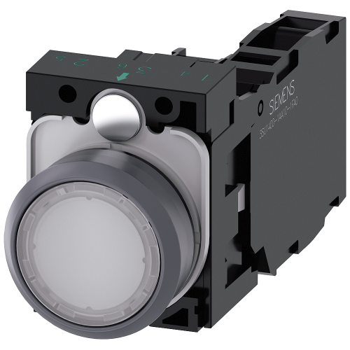 Illuminated pushbutton, 22 mm, round, plastic with metal front ring, white, pushbutton, flat, momentary contact type, with holder, 1 NO+1 NC, LED module with integrated LED 24 V AC/DC, screw terminal