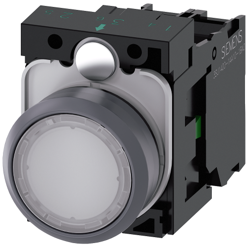 Illuminated pushbutton, 22 mm, round, plastic with metal front ring, white, pushbutton, flat, moment