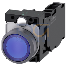 Illuminated pushbutton, 22 mm, round, plastic with metal front ring, blue, pushbutton, flat, momentary contact type, with holder, 1 NO+1 NC, LED module with integrated LED 24 V AC/DC, screw terminal