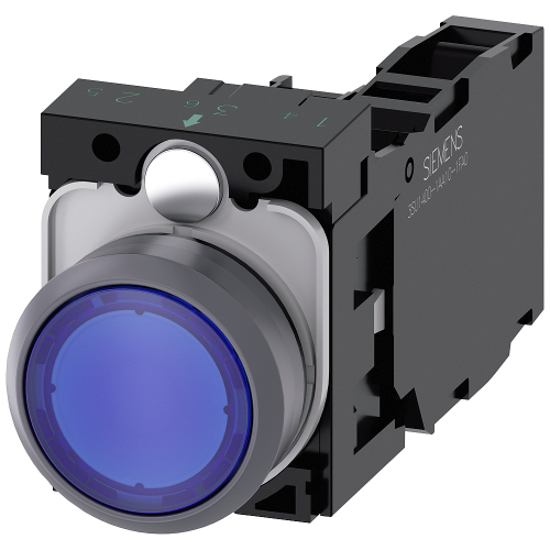 Illuminated pushbutton, 22 mm, round, plastic with metal front ring, blue, pushbutton, flat, momentary contact type, with holder, 1 NO+1 NC, LED module with integrated LED 24 V AC/DC, screw terminal