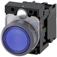 Illuminated pushbutton, 22 mm, round, plastic with metal front ring, blue, pushbutton, flat, momenta