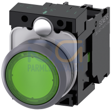 Illuminated pushbutton, 22 mm, round, plastic with metal front ring, green, pushbutton, flat, moment