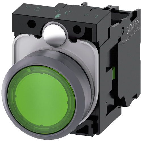 Illuminated pushbutton, 22 mm, round, plastic with metal front ring, green, pushbutton, flat, moment