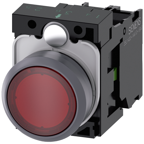 Illuminated pushbutton, 22 mm, round, plastic with metal front ring, red, pushbutton, flat, momentar