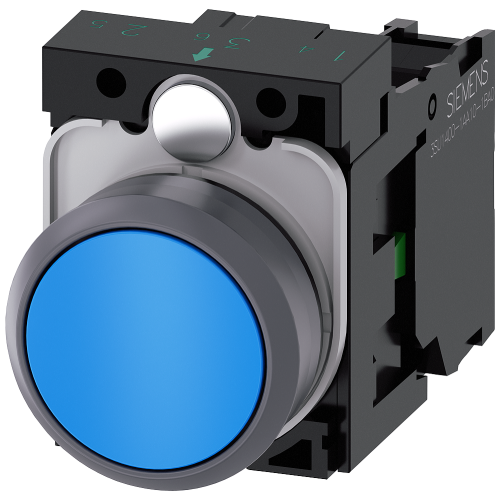 Pushbutton, 22 mm, round, plastic with metal front ring, blue, pushbutton, flat, momentary contact t