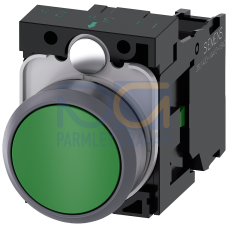 Pushbutton, 22 mm, round, plastic with metal front ring, green, pushbutton, flat, momentary contact