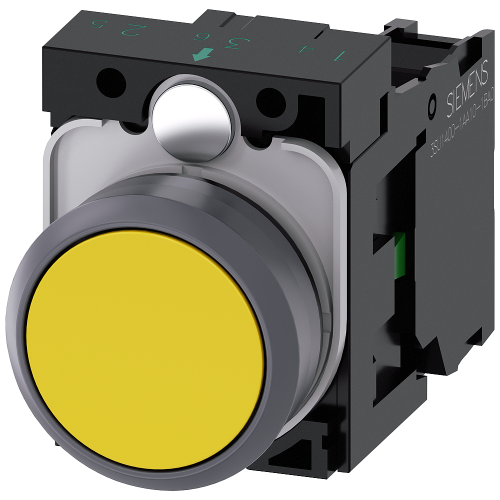 Pushbutton, 22 mm, round, plastic with metal front ring, yellow, pushbutton, flat, momentary contact