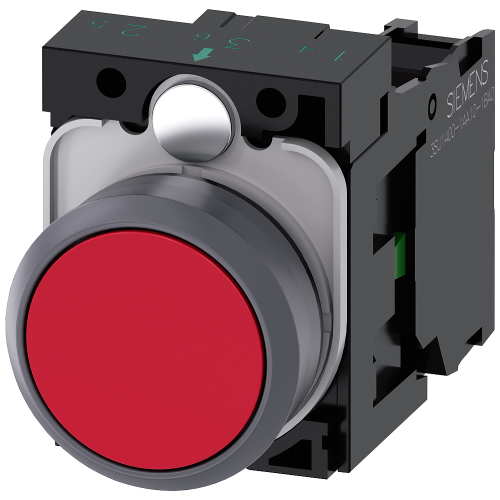 Pushbutton, 22 mm, round, plastic with metal front ring, red, pushbutton, flat, momentary contact ty