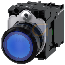 Illuminated pushbutton, 22 mm, round, plastic, blue, pushbutton, flat, momentary contact type, with holder, 1NO, LED module with integrated LED 24 ...