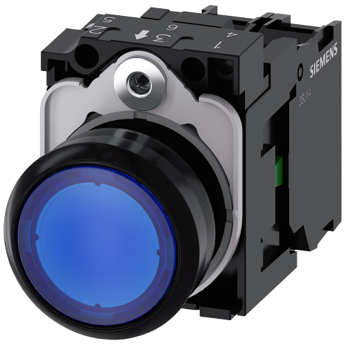 Illuminated pushbutton, 22 mm, round, plastic, blue, pushbutton, flat, momentary contact type, with